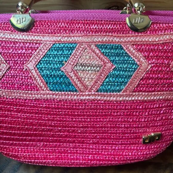 Hot Pink Woven Straw Tote Wood Handles Resort Bag Made in Italy NWOT Piergiorgio - Picture 5 of 16